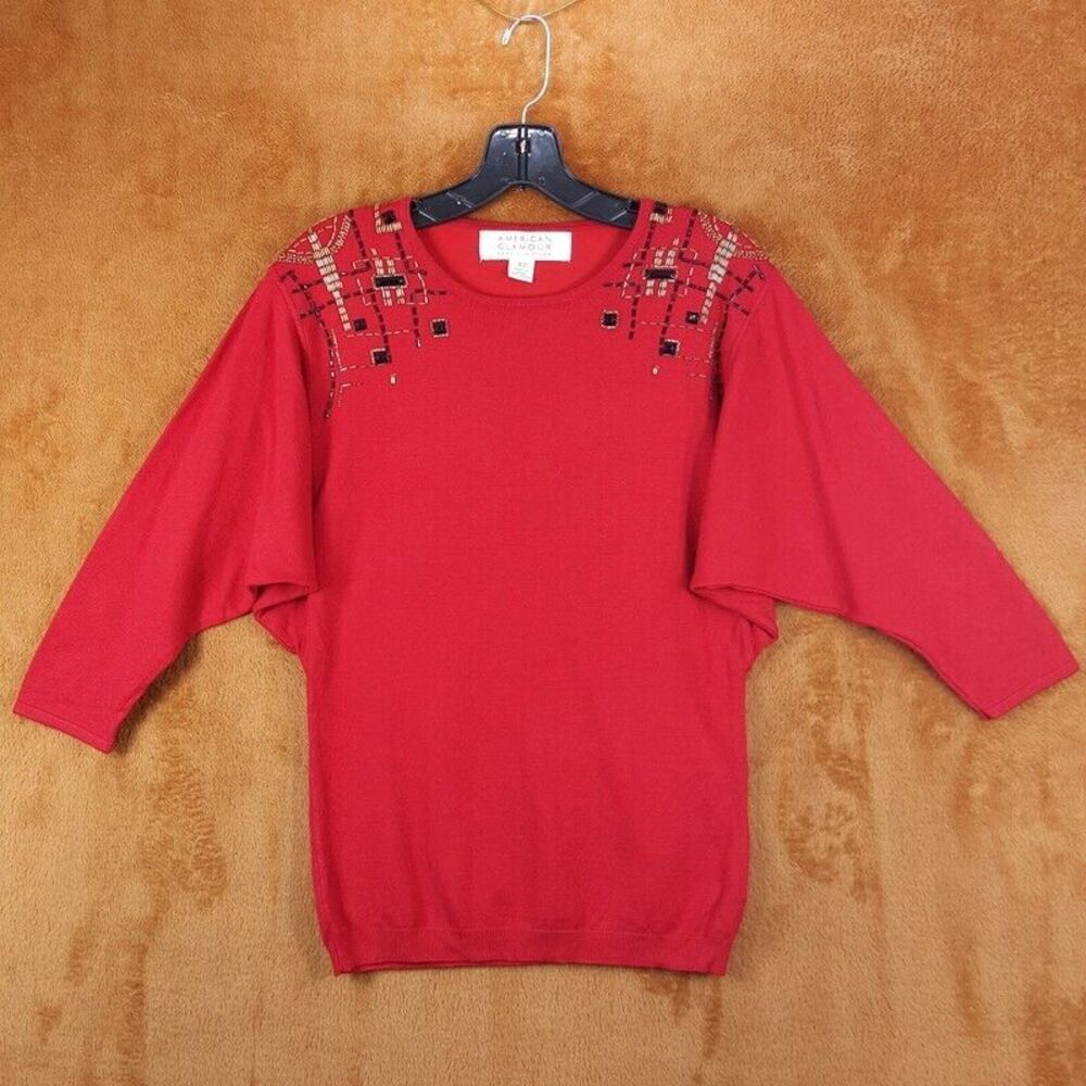 BADGLEY MISCHKA Sweater Womens XS Red Batwing Beaded Pullover AMERICAN GLAMOUR